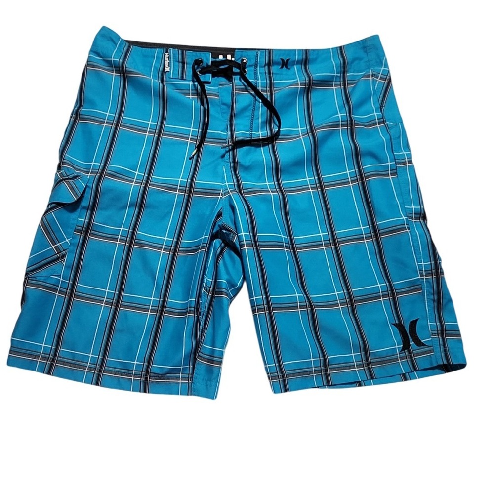 Hurley Plaid‎ Board Shorts Men's Swim Trunks Blue Black White Drawstring